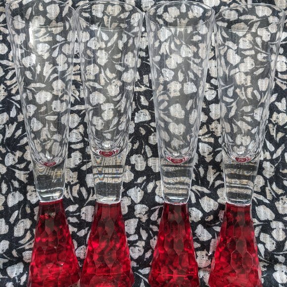 4 Like-New Champagne Cocktail Tall Red Footed Sling Pilsner Beer Wine Glasses - Picture 1 of 6